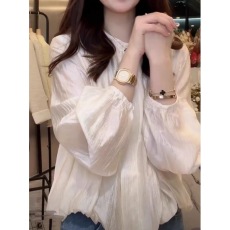 批发实拍2026春装大码设计感纽扣纯色圆领衬衫女爆款洋气外穿长袖衬衣