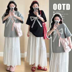 批发实拍新品2025夏季韩版<b class='q'>百搭</b>T恤+半身裙猪鼻扣孕妇套装