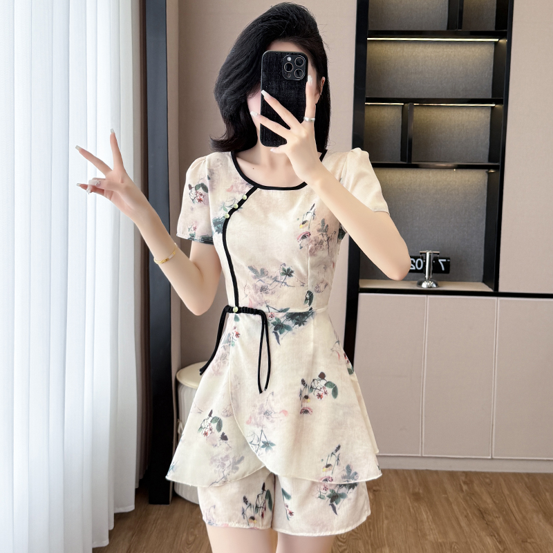 RY9444# 时尚套装2026夏季韩版印花显瘦气质遮肚修身洋气上衣＋短裤...