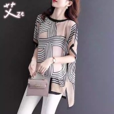 批发高级感洋气<b class='q'>雪纺</b><b class='q'>衫</b>圆领夏季新款个性薄款宽松显瘦蝙蝠袖时尚短袖女