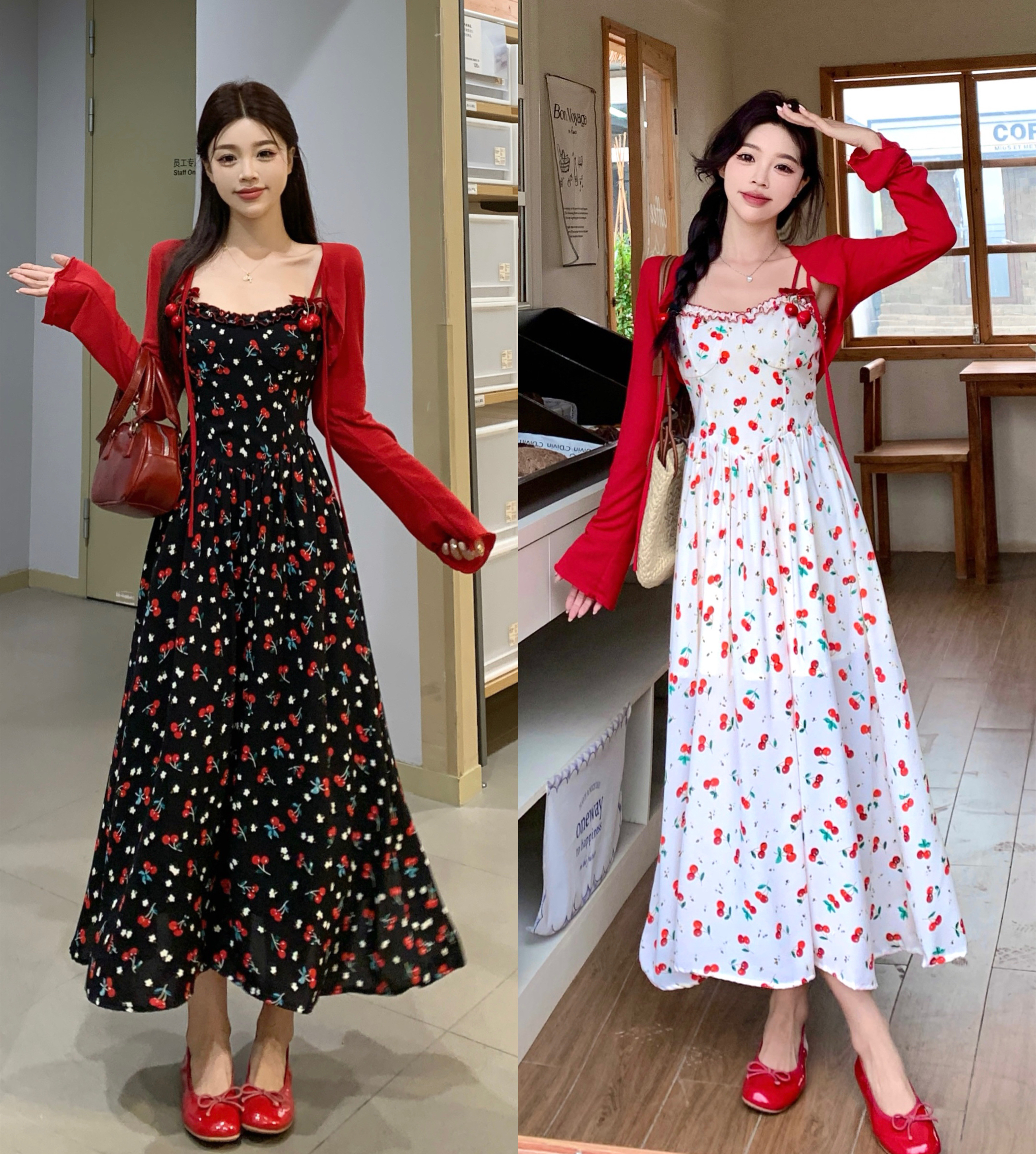 실사 빅 사이즈 마이크로 지방 프랑스식 달콤함 프린트 쉬폰 슬립 드레스 하이웨이스트 슬림해 보이는 롱 스커트 오픈 가디건 투피스 세트 세트