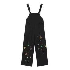 批发减龄童趣刺绣黑色牛仔<b class='q'>背带裤</b>女简约新款百搭日系慵懒无品牌潮流