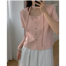 批发尺寸已更新 <b class='q'>韩国</b>chic 法式圆领飘带单排扣粗纺小香风外套上衣