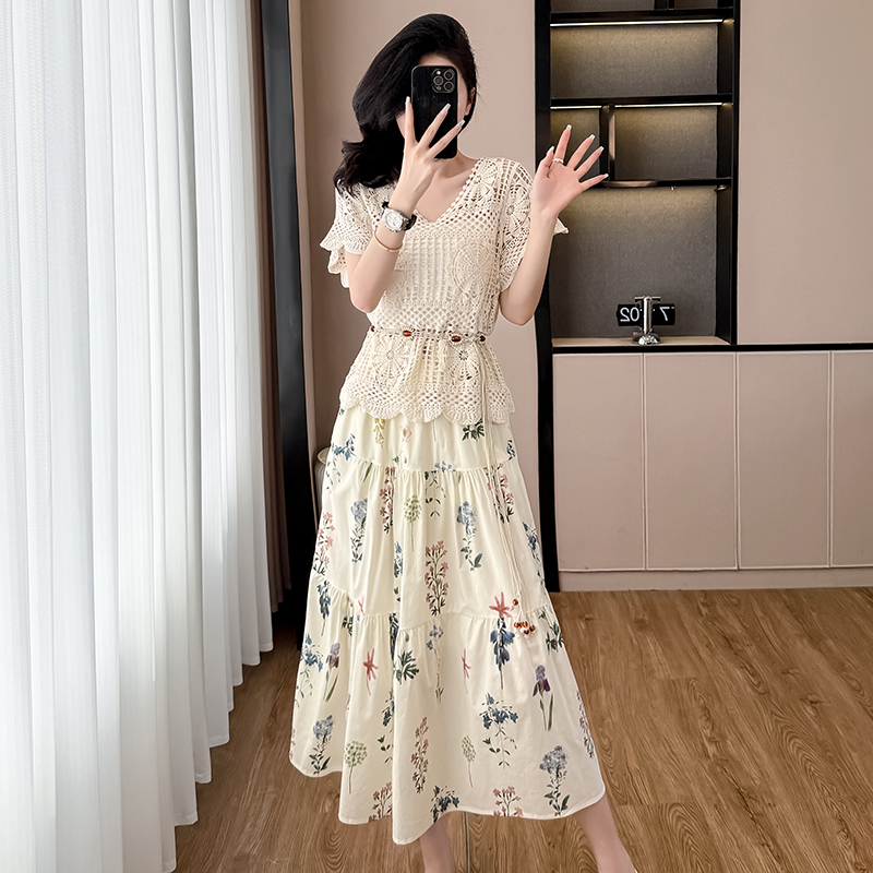 실제 촬영 레트로 빈 허리 레이스 스택 착용 블라우스 여자 여름 튜브 톱 캐미솔 플로랄 케이크 치마 정장