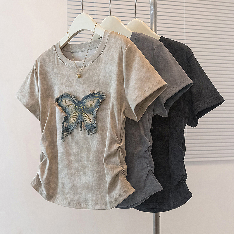 RY70097# 实拍大码女装韩版流行短袖上衣胖妹妹宽松收腰显瘦百搭休闲t...