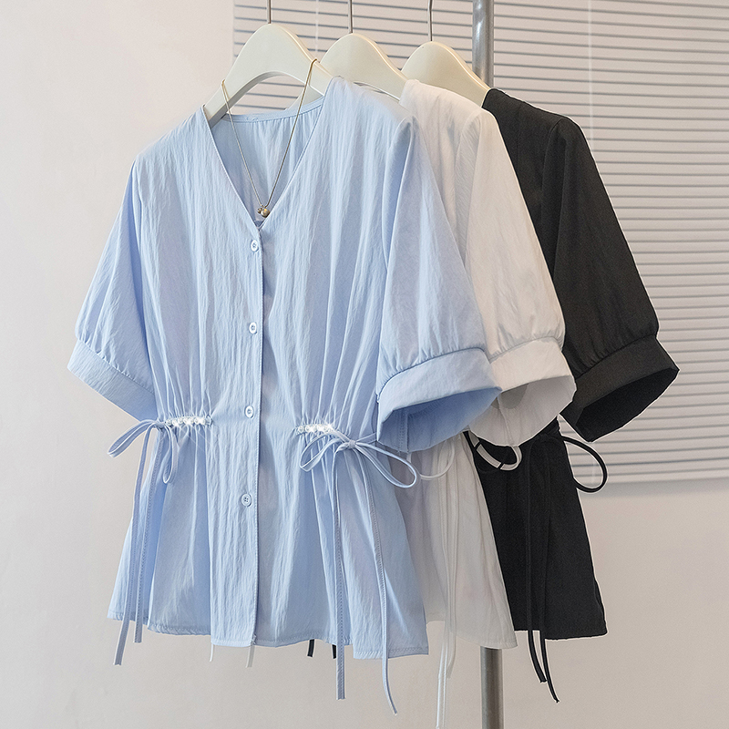 RY70098# 实拍大码女装韩版流行V领短袖衬衫胖妹妹收腰遮肉通勤时尚上...