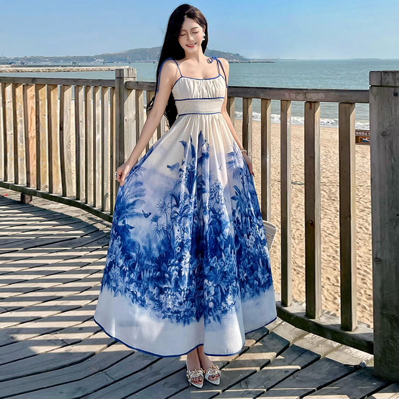 FA25261# 早春度假高腰系绳亚麻吊带中长款连衣裙  服裝批發女裝批發服飾貨源