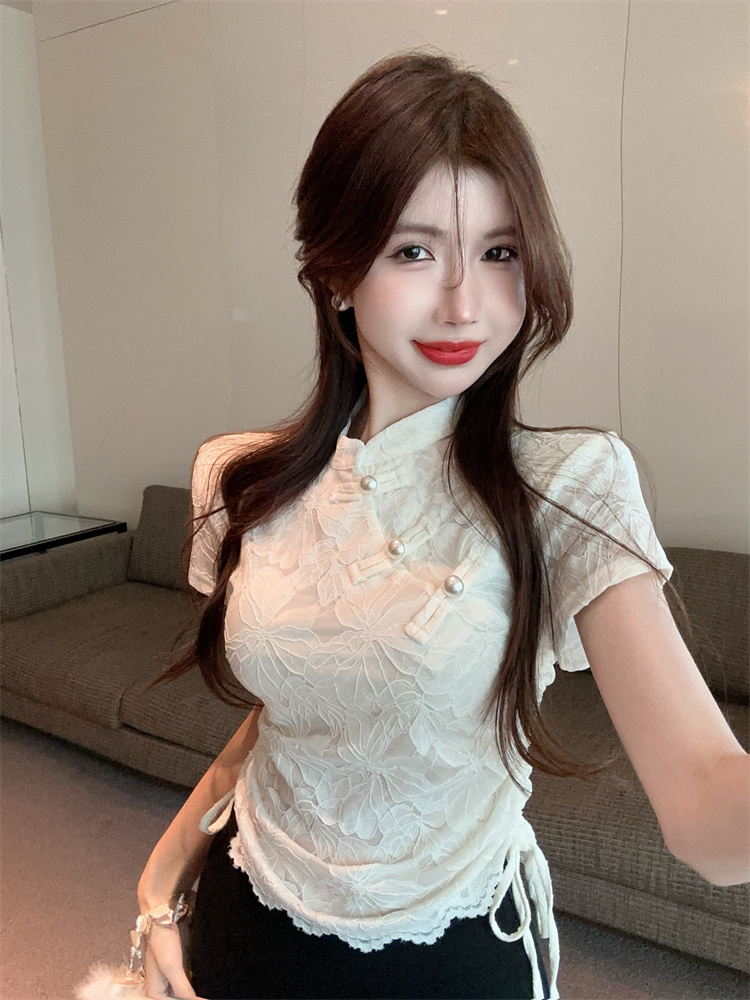 FA27812# 辣妹气质提花刺绣蕾丝衫设计感小众抽绳新中式盘扣上衣 服裝批發女裝批發服飾貨源