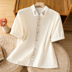 6568实拍 复古 国风森系绣花娃娃领 短袖衬衫 少女款式 上衣女