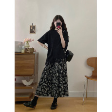 批发实拍大码<b class='q'>夏</b>季休闲不规则流苏短袖T恤中长款雪纺碎花半身裙两件套