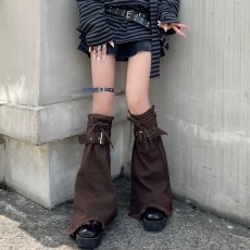 批发亚文化小众设计感牛仔裤<b class='q'>袜</b>棕色绑带袜套女y2k辣妹阔<b class='q'>腿</b>喇叭小腿套