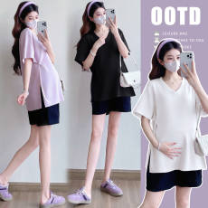 批发实拍孕妇装 时尚侧开叉设计感短袖T恤 两穿 莫代尔空气层夏季上衣