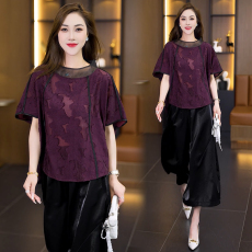 批发实拍26夏季大码复古高端轻奢天丝提花短款上衣宽松阔腿<b class='q'>裤</b><b class='q'>气质</b>套<b class='q'>装</b>