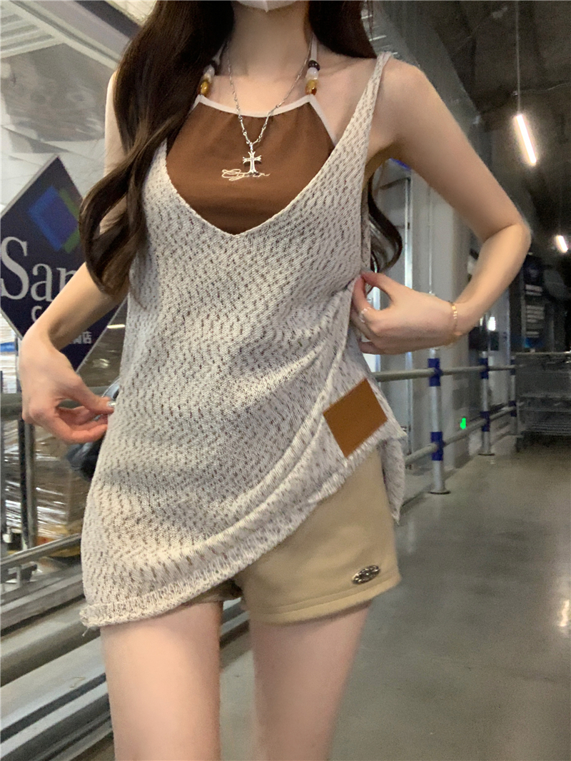 FA32392# 美式复古辣妹串珠挂脖背心女设计感肌理花纱罩衫 服裝批發女裝批發服飾貨源