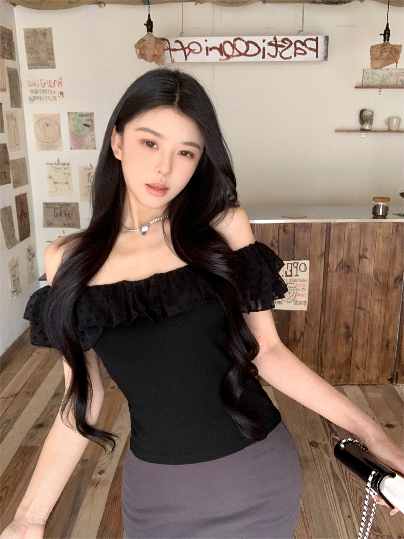 실사 정가 검정색 프릴 오프숄더 반팔 2026miu 부서 도트 무늬 망사 허리 수축 조끼 여성