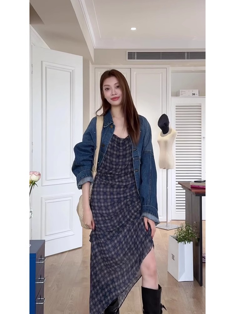 정가 재고 있음 아메리칸 데님 재킷 불규칙 슬립 여성 드레스 가을 핫걸 바람 패션 투피스 슈트