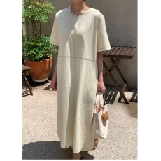 批发韩版 棉麻明线连衣裙两侧有口袋