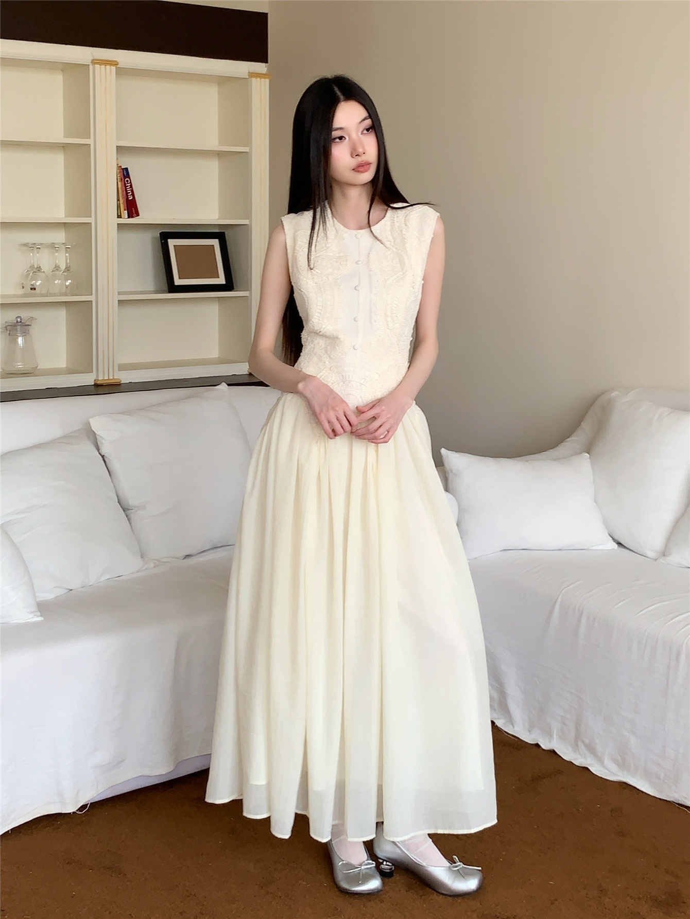 MY6473# 修身收腰显瘦蕾丝背心米色无袖连衣裙气质长裙女女裝貨源服裝批發