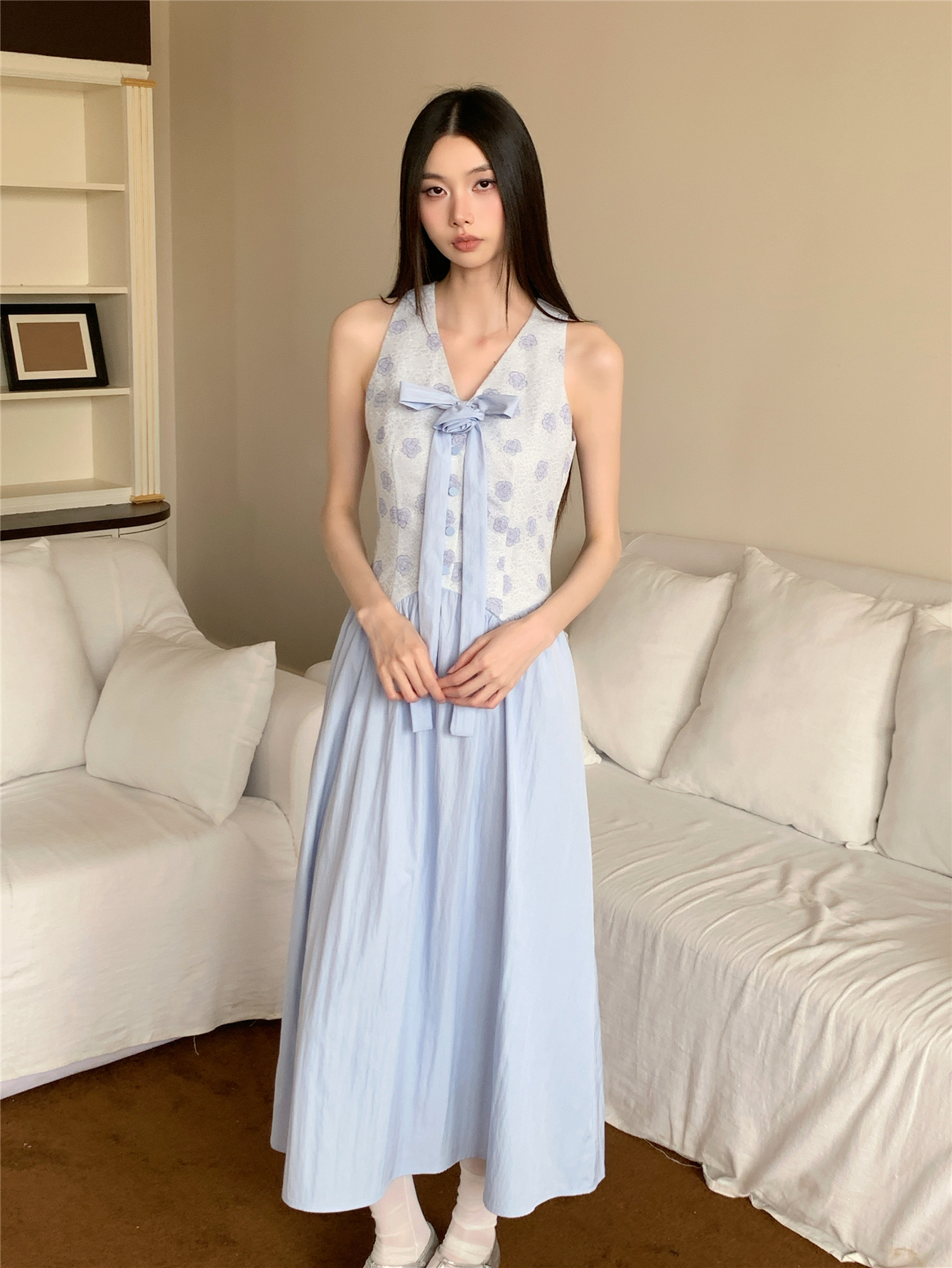 MY6472# 纯欲装饰花拼料连衣裙女裝貨源服裝批發