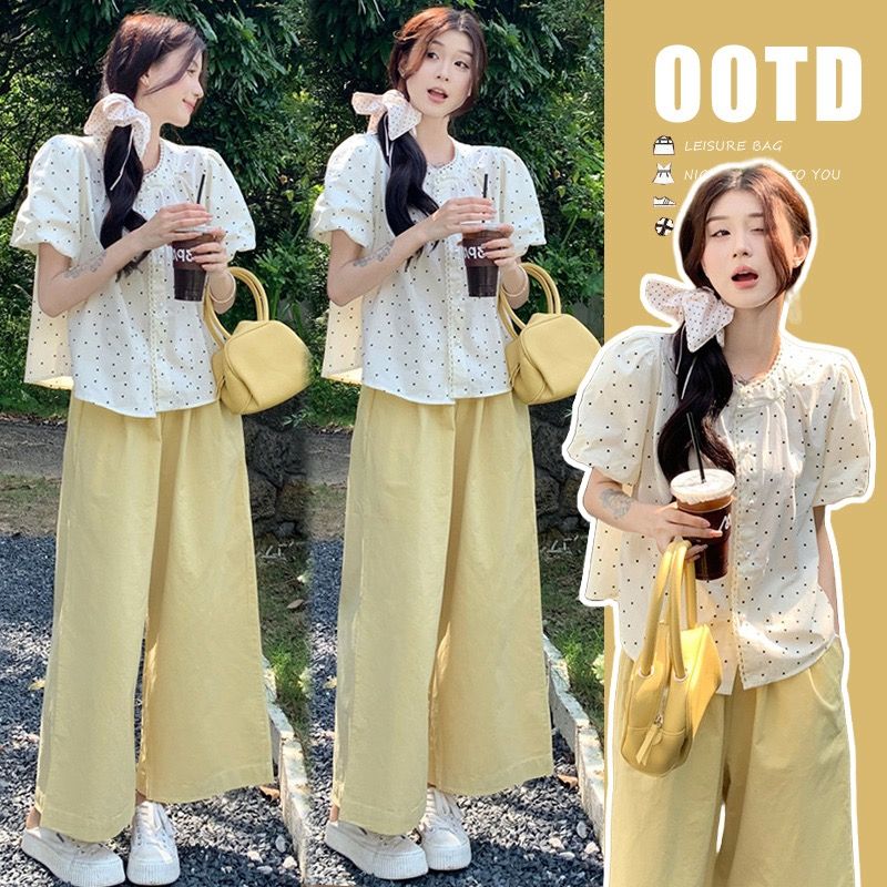 지금 지금 새로운 여름 작은 청신 달콤함 연령 감소 레이스 레이스 도트 무늬 맨위 와이드 레그 팬츠