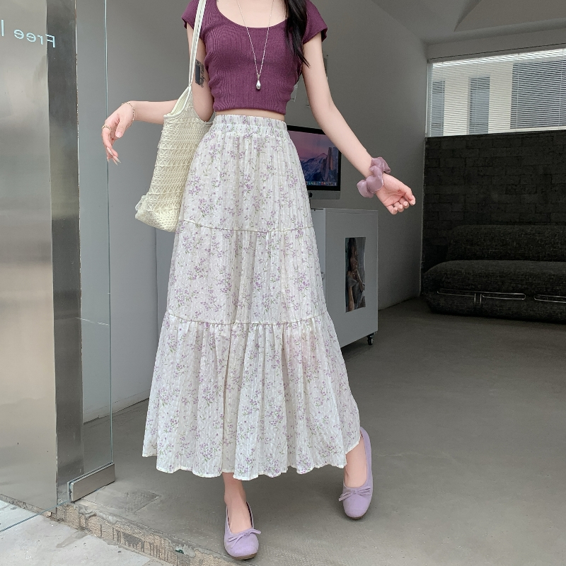MY6349# 碎花雪纺半身裙女新款高腰显瘦仙女a字中长款蓬蓬蛋糕裙女裝貨...