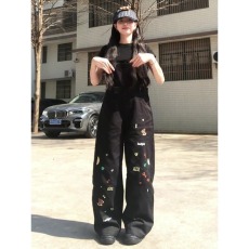 批发~奶酪陷阱/宽松水洗直筒裤重工童趣刺绣工装<b class='q'>背带裤</b>女新款春夏