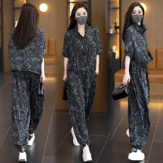 批发实拍2026年洋气大码女装套装胖MM印花时尚宽松显瘦<b class='q'>哈伦裤</b>两件套