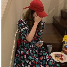 批发已出货 韩版新款夏季温柔V领收腰花色印花短袖A字<b class='q'>连衣裙</b>短裙女