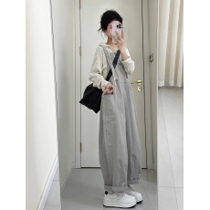 批发春季穿搭一整套大码胖mm连帽<b class='q'>条纹</b>上衣连体阔腿背带裤工装复古<b class='q'>套装</b>