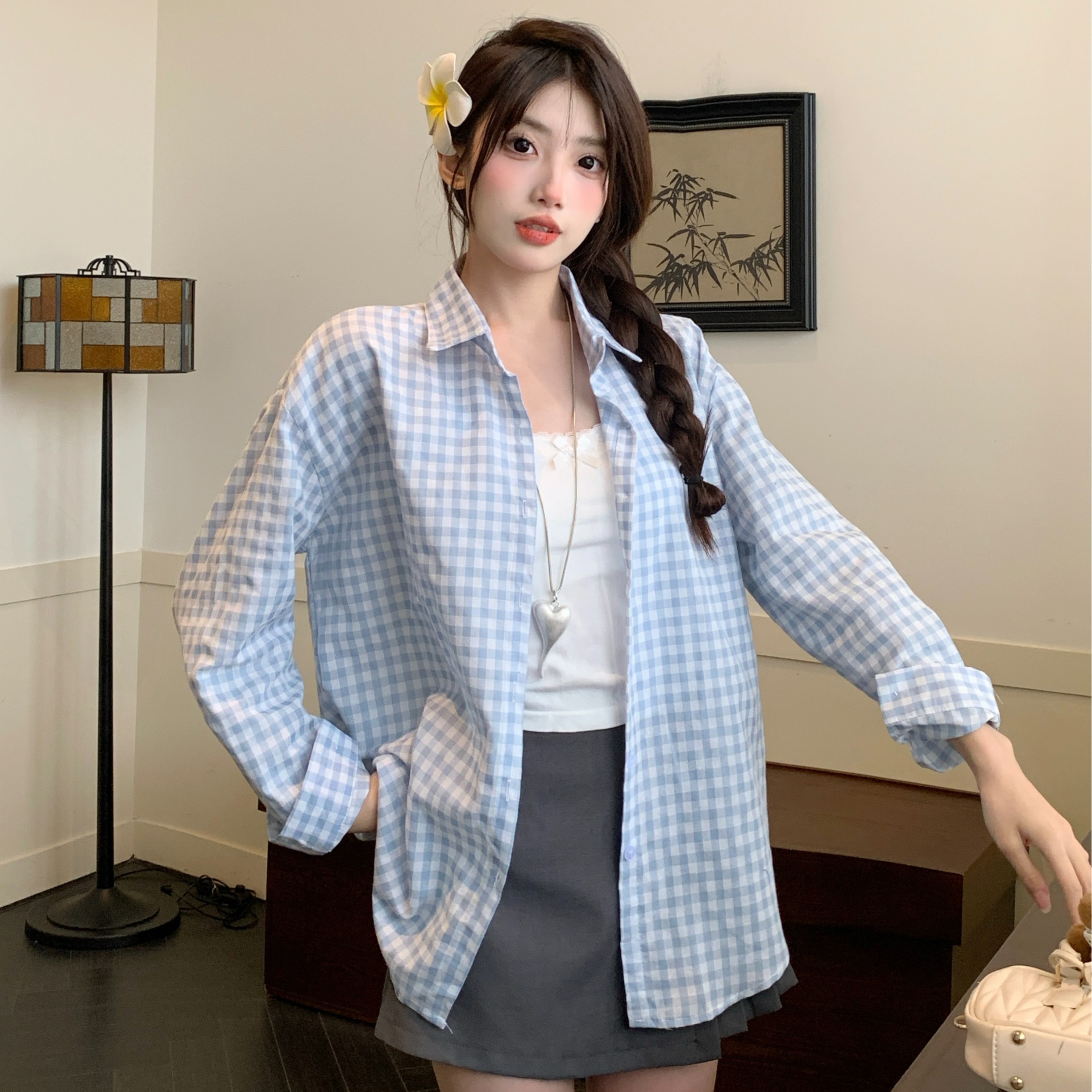 실사 외국 가스 다용도 개성 프랑스식 ootd 파란색 체크무늬 여성 셔츠 2026 봄 가을 다용도 작은 대중 맨위