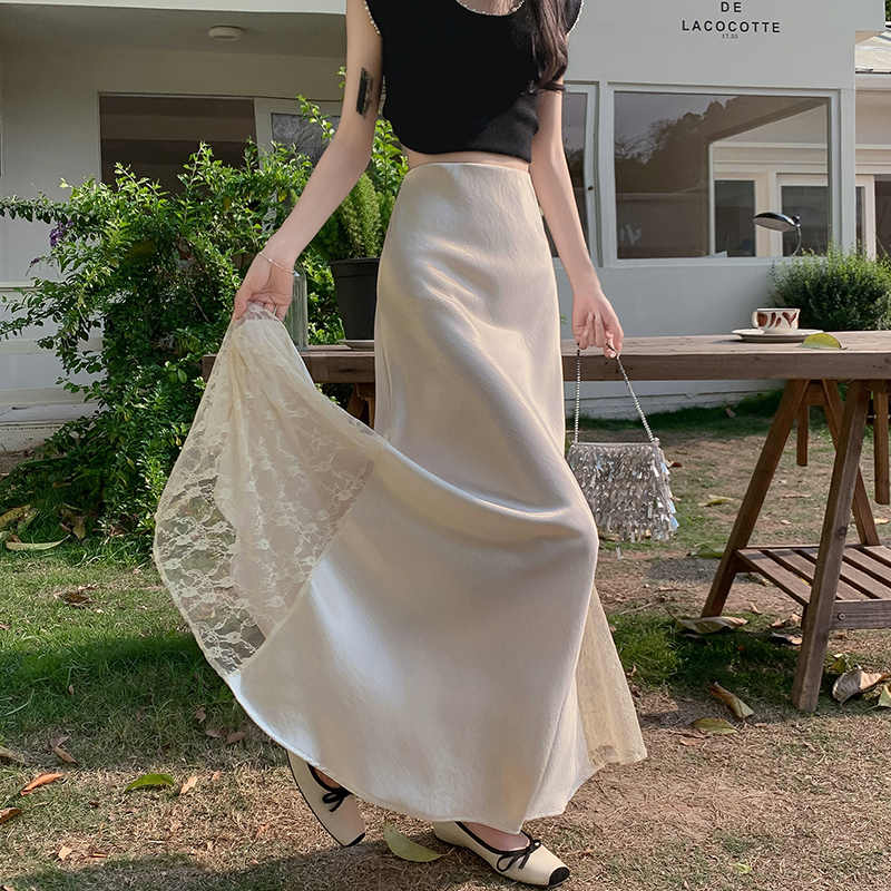FA31978# 复古气质开叉拼接蕾丝半身裙女春夏松紧腰显瘦包臀鱼尾长裙 服裝批發女裝批發服飾貨源