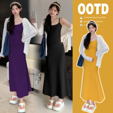 批发实拍2025孕妇秋季新品辣妈时尚显瘦吊带裙+长袖衬衣孕妇套装