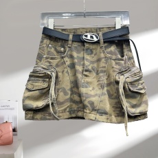 批发美式复古<b class='q'>迷彩</b>牛仔半身裙女2025夏季新款配腰带辣妹A字包臀短裙潮