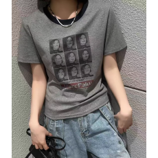 批发美式小版T恤衫欧洲站2025夏季新款时尚<b class='q'>美女</b>图案撞<b class='q'>色</b>圆领休闲上衣
