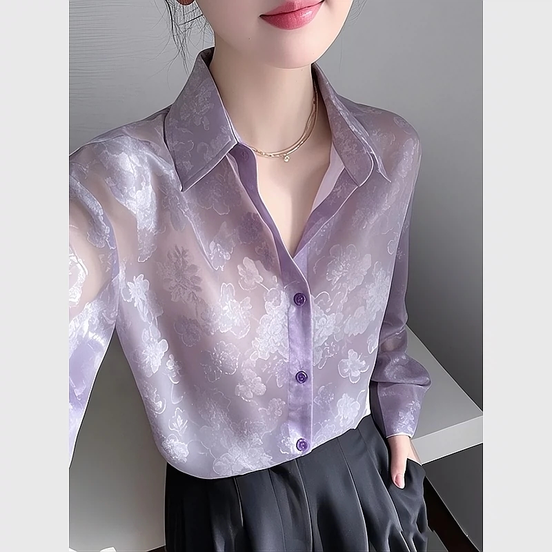 超火紫色薄款防晒衬衫女款早春减龄高端法式漂亮长袖上衣 服裝批發女裝批發服飾貨源