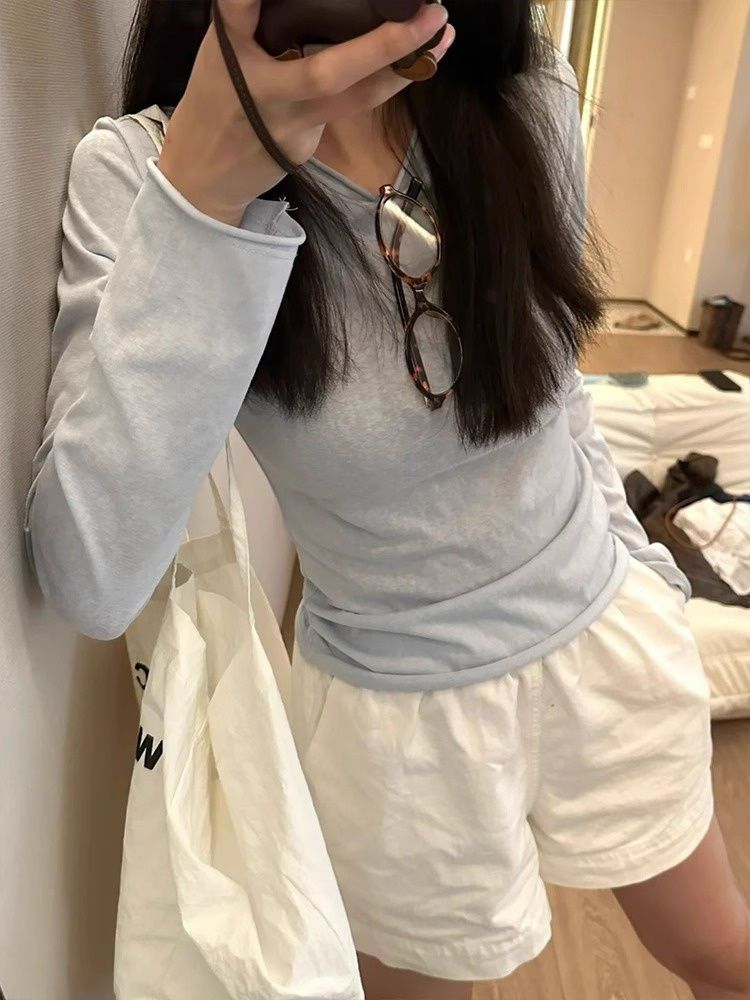 원본 원단 파란색 긴팔 만나는 맨위 여성 순수한 욕망 몸매 가꾸기 인사이드 가져 가라. 디자인 센스 작은 대중 블라우스 맨위