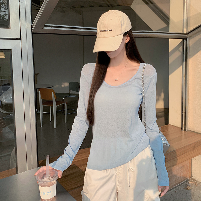 MY70303# V领薄款长袖t恤女夏季新款百搭防晒宽松罩衫纯色上衣女裝貨...