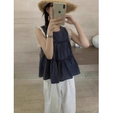批发背心2026夏季新款女韩版宽松显瘦无袖上衣格子拼接蕾丝衫娃娃衫潮