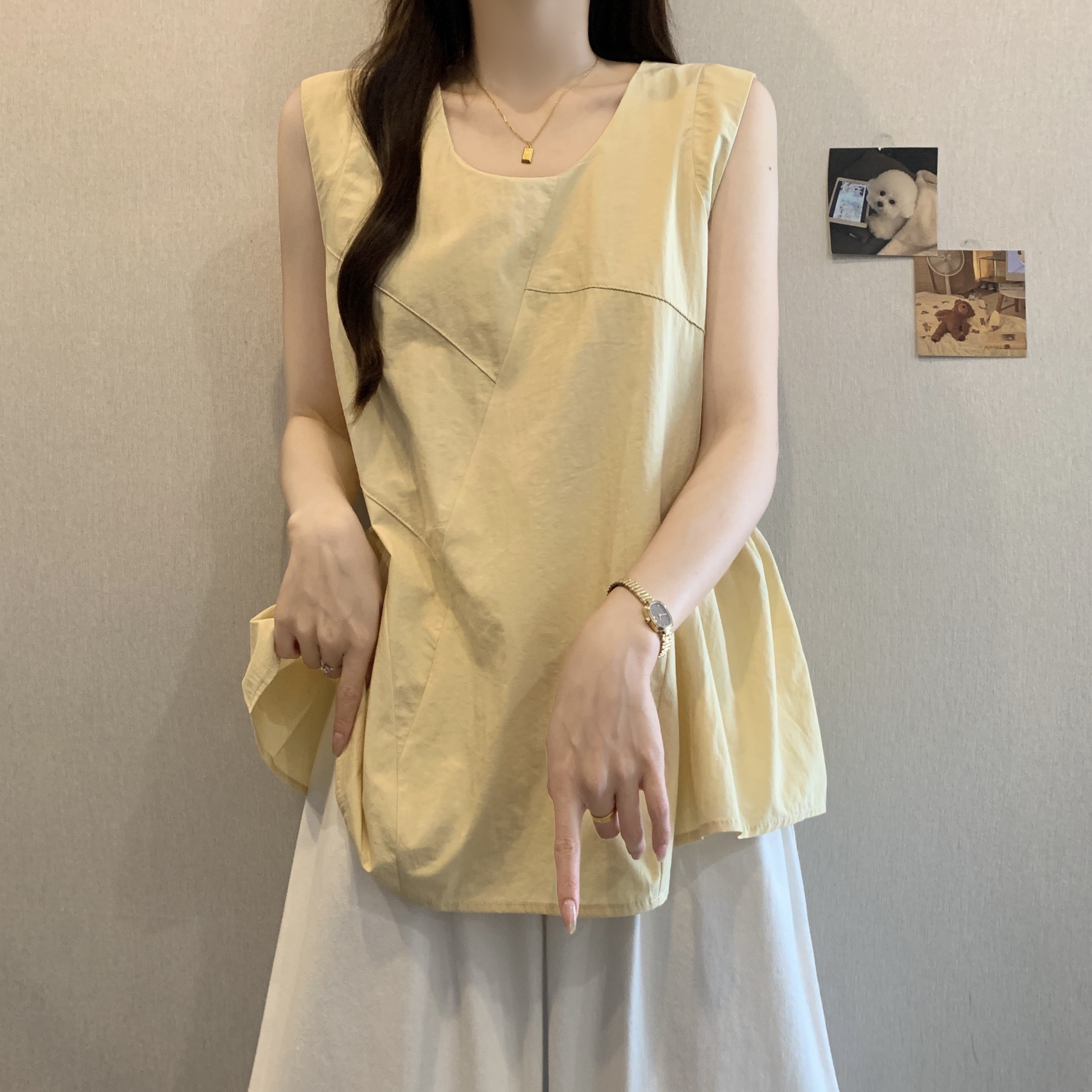 실사 빅 사이즈 지방 mm 새로운 디자인 센스 패치워크 달콤한 스타일 미니멀리즘 조끼 슬립 슬림해 보이는 표지 고기 맨위 여성