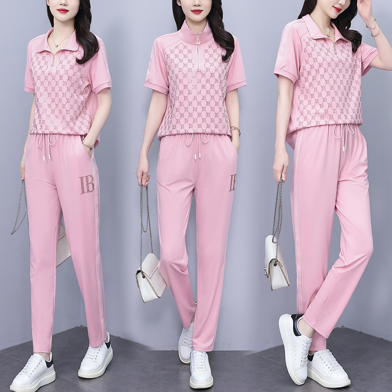 MY12424#夏季新款时尚洋气宽松显瘦烫钻立领上衣休闲运动两件套女裝貨源...