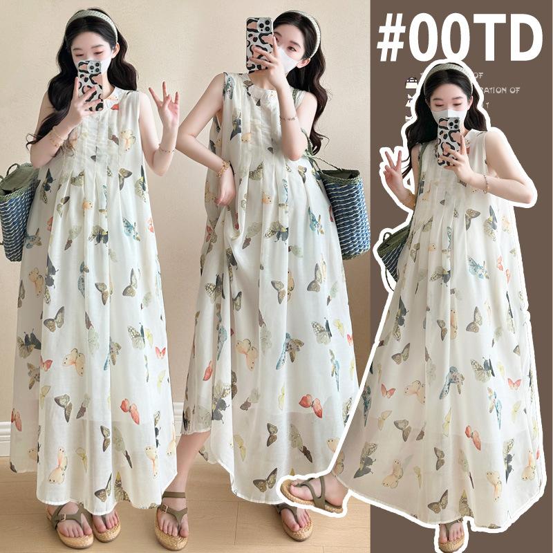 실사 새로운 출산 착용 한국 스타일 아마 임산부 드레스 빅 사이즈 임산부 조끼 스커트 임산부 여름 드레스