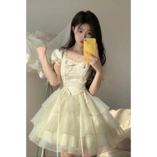 批发蝴蝶结提花<b class='q'>欧根纱</b>仙女感连衣裙女夏季新款在逃公主蓬蓬短裙子