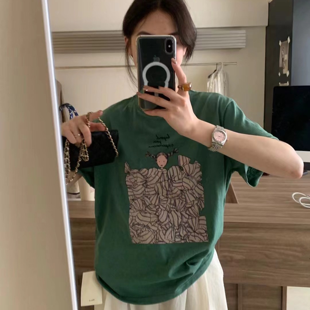 hers 여름 새로운 귀여운 소녀 둥근 목 짧은 소매 티셔츠 여자 한국어 버전 와일드 느슨한 만나는 반소매 맨위 조수