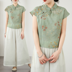 批发实拍  新中式碎花棉麻无袖衬衫女国风斜襟盘扣小飞袖<b class='q'>旗袍</b>上衣