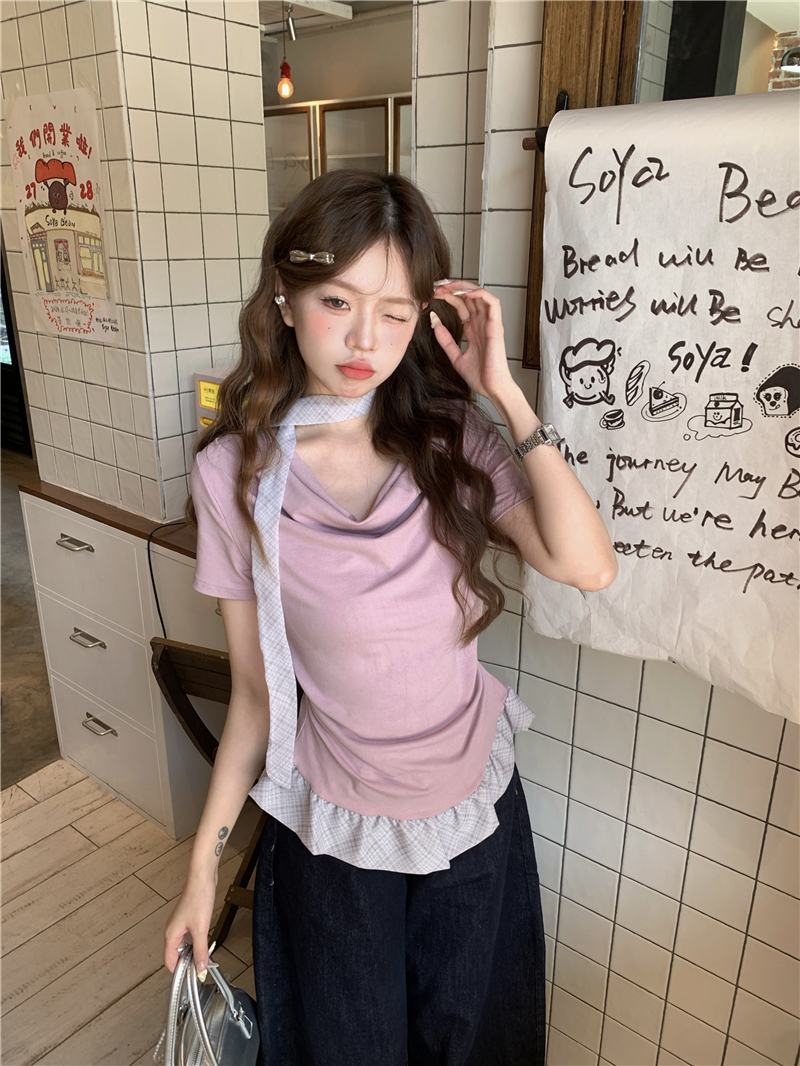 실사 정가 순수한 욕망 부드러운 흔들다 칼라 불규칙 반팔 티셔츠 슬림해 보이는 다용도 페이크 레이어드 맨위 경기 리본