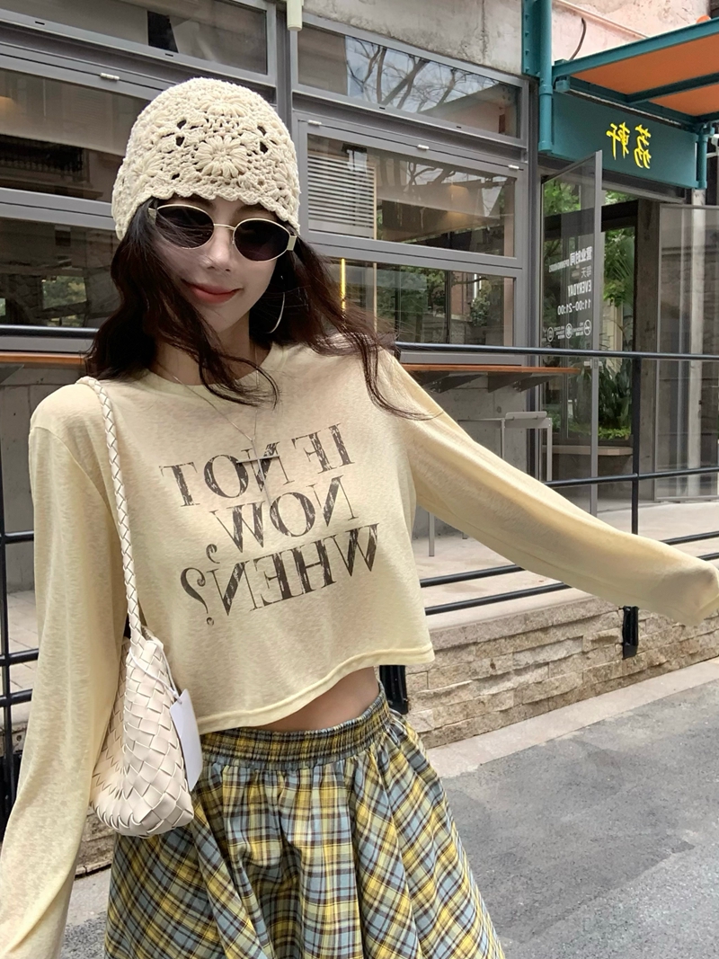 실사 정가 여름 세련된 얇은 스타일 루즈핏 자외선 차단 긴팔 티셔츠 불규칙 체크무늬 하이웨이스트 미니 스커트 세트