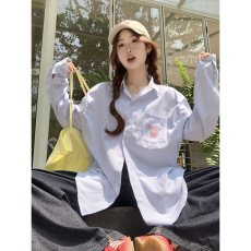 批发实价复古蓝条纹<b class='q'>长袖</b><b class='q'>衬衫</b>女2026年设计感别致刺绣慵懒休闲上衣外套