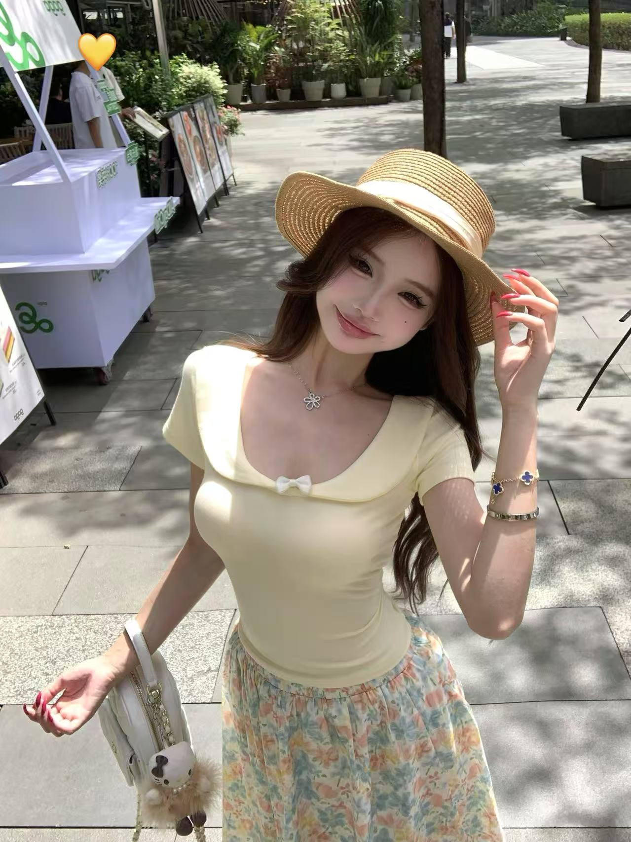 실사 나비 매듭 소녀 센스 일본식 바람 쇼트 스타일 티셔츠 여성 꽃무늬 면직물 일본식 반신 중간 스커트
