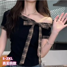 批发韩系撞色拼接格子露肩短袖<b class='q'>t</b><b class='q'>恤</b>女2025夏季气质高级感收腰显瘦上衣