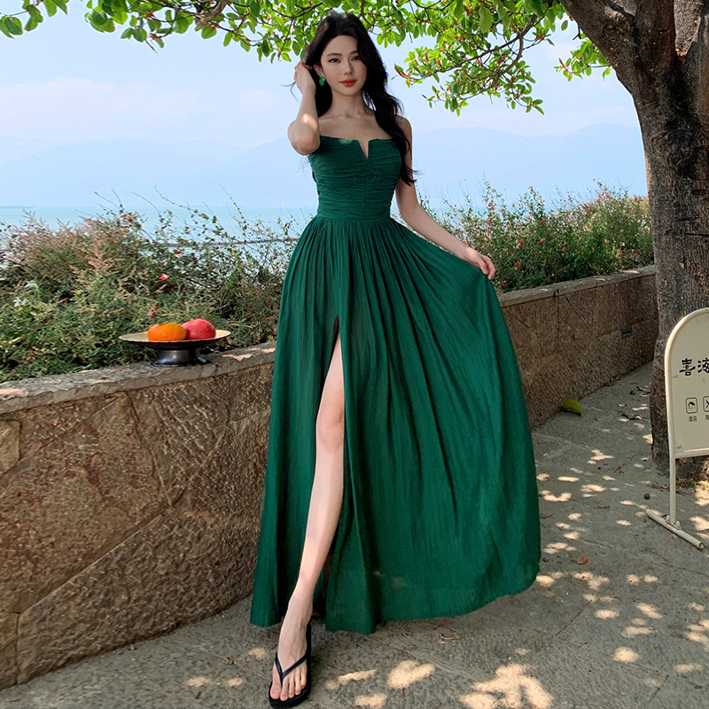 스팟 빈 레이스 다시 열기 슬링 드레스 섹시한 V 칼라 허리 빈 해변가 휴가 스플릿 롱 스커트